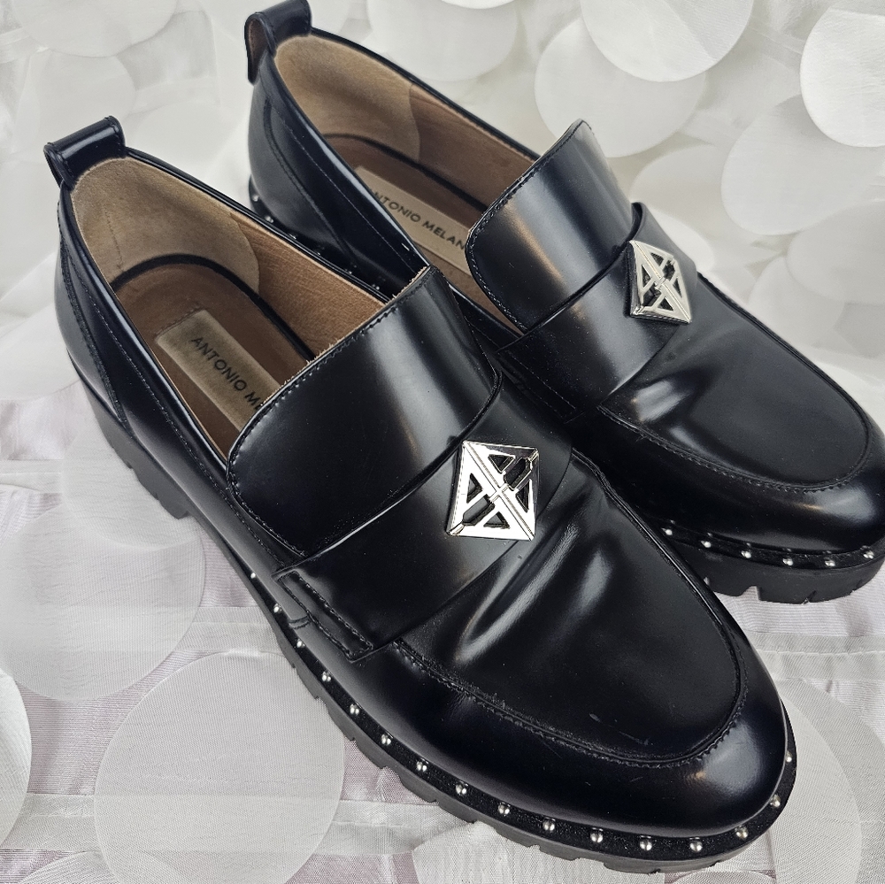 ANTONIO MELANI Black Patent Loafers with Silver Accent